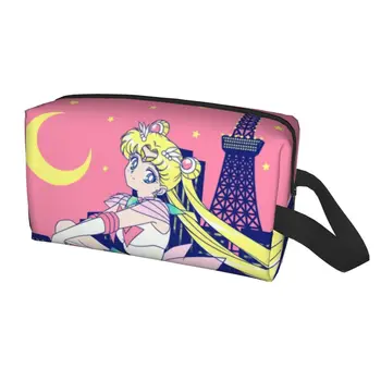 Kawaii Sailors Moon Girl Пътна Чанта За Тоалетни принадлежности, Дамски Tokyo City Lights Косметичка за Грим Комплект за съхранение на Козметиката