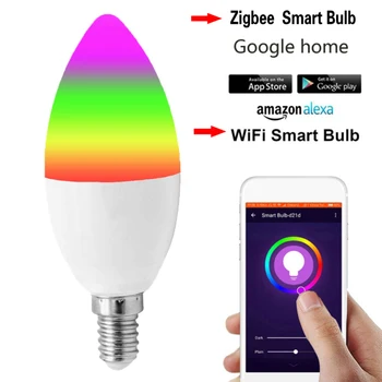 Led Лампа Zigbee 3.0 Smart Свещ Bulb Rgbcw Умен Дом Sasha Гласово Управление E12 E14 Работи С Алекса Google Home 5 W