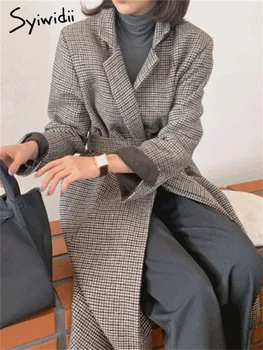 Syiwidii Клетчатое вълна палто За жени 2023, Модни Реколта Дълги якета дантела, Ежедневното Свободно Зимно палто с отложным яка и дълъг ръкав
