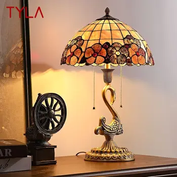TYLA Европейската ретро латунная настолна лампа LED Съвременен творчески мед настолна лампа Swan за домашен интериор хол спалня