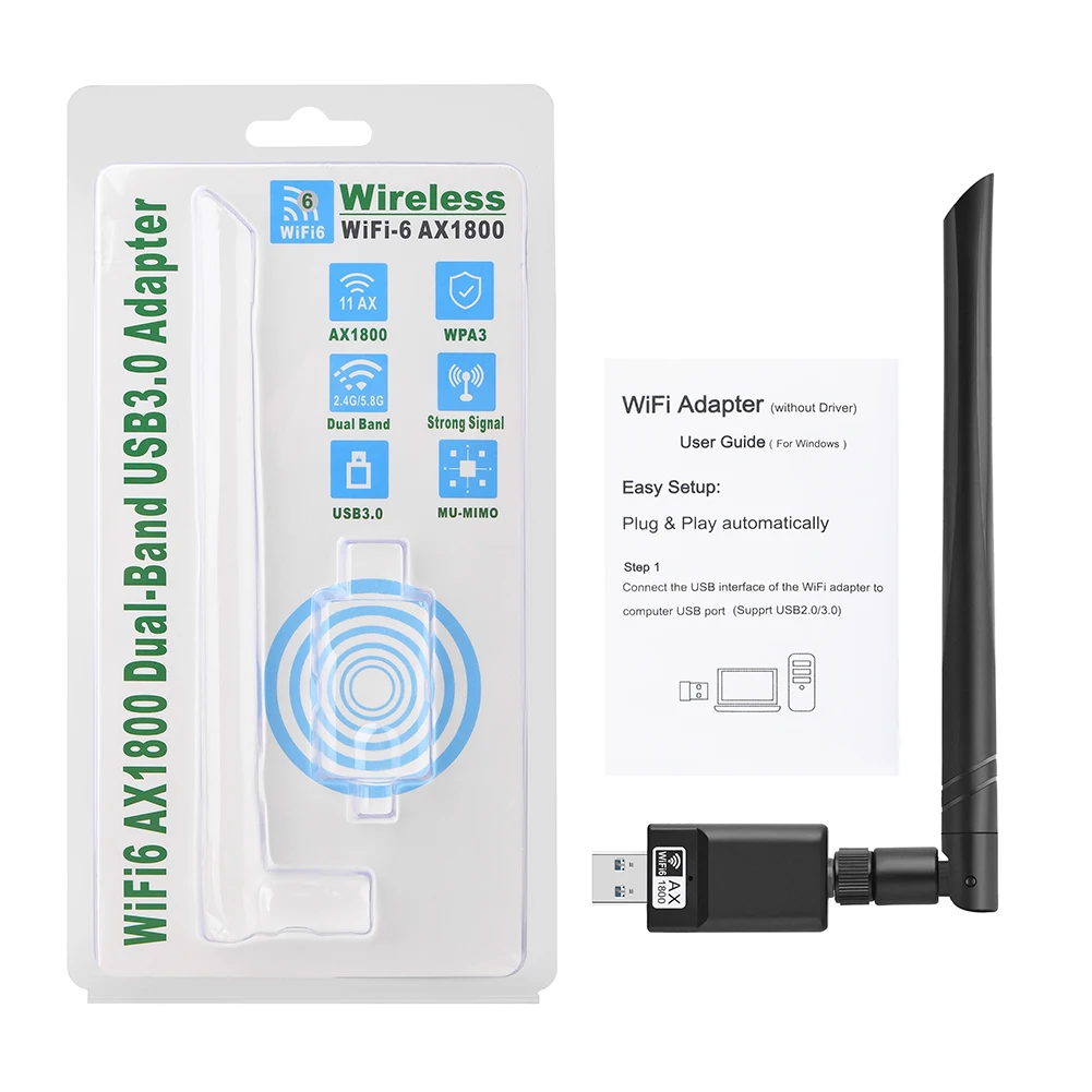 USB3.0 WiFi 6 Адаптер Високоскоростна мрежова карта 1800 Mbps с антена, безжичен ключ, мрежова карта за настолен лаптоп - 4