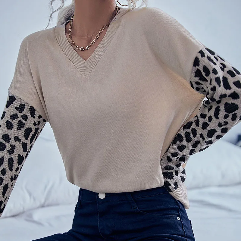 Есента Нов Модерен Женски вязаный тънък пуловер с леопардовым принтом и дълъг ръкав, Женски лоскутный фалшив комплект от две части, мека блузи с V-образно деколте - 3