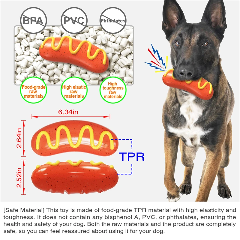 Играчки за дъвчене за кучета, скърцат под формата на хот-дог, Забавна играчка, за да плъзнете кученце, Интерактивна почистване на зъбите, обучение жеванию, здрава играчка - 4