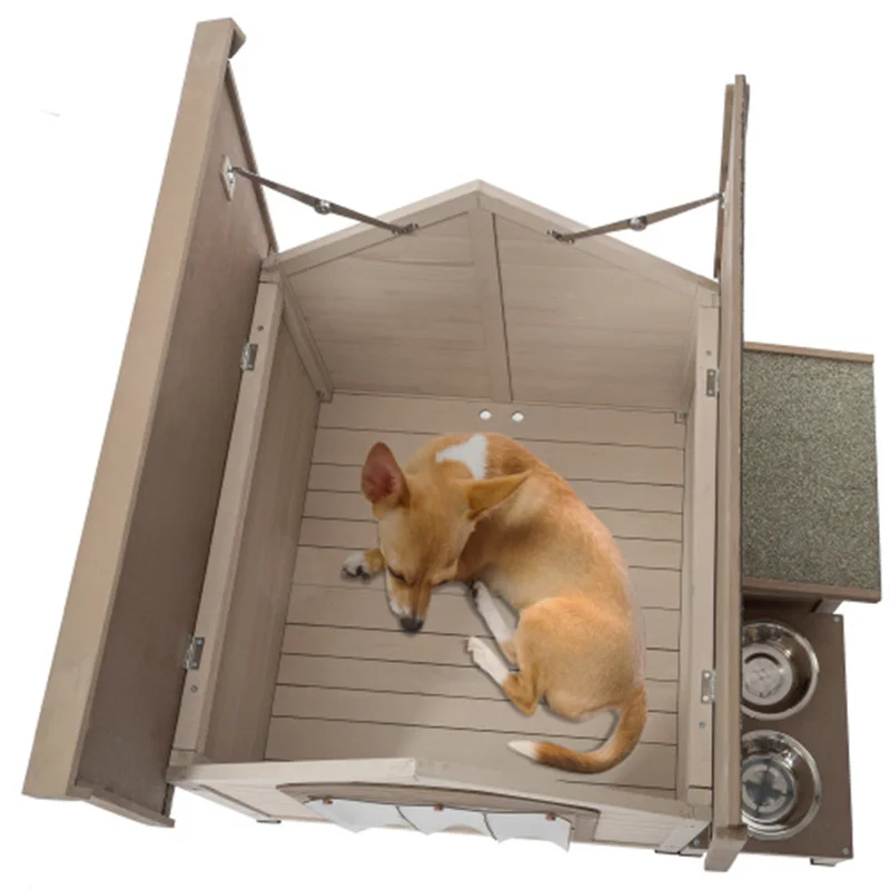 Кучешката къщичка от смърч с отворен покрив е идеален за малки и средни кучета. С кутия за съхранение, да повдигнат станция подаване с 2 чашами - 4