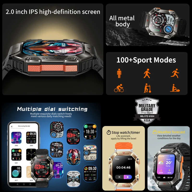 Смарт часовници За мъже, фитнес тракер, компас, сърдечната Честота, IP67, водоустойчива Bluetooth разговори, Спортни военни Смарт часовници за Android Huawei - 2