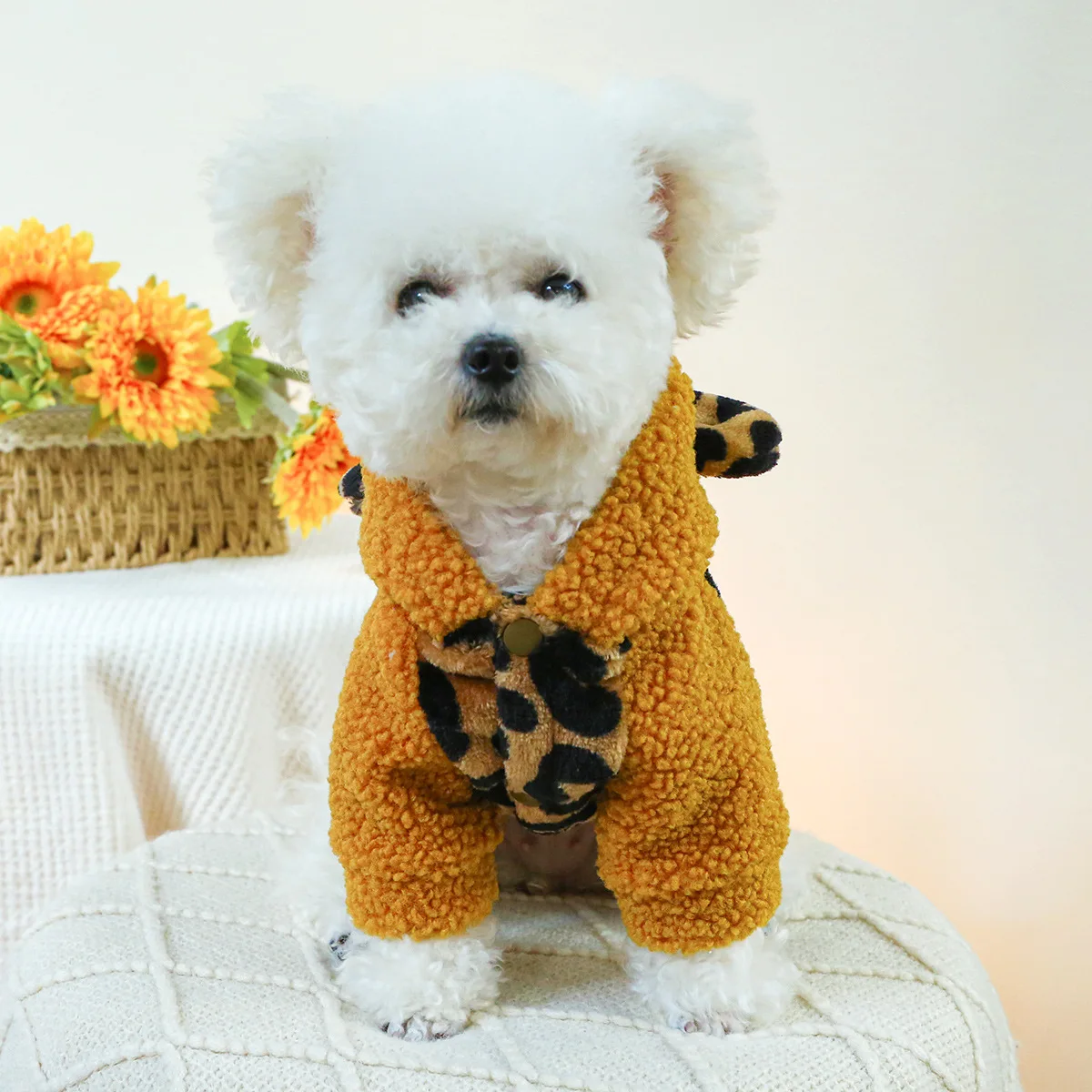 Топли блузи с качулка, за кучета с леопардовым принтом на руното подплата и памучна подплата, запазването на топлина и Комфортно палто с леопардовым принтом, облекло за кутрета - 4