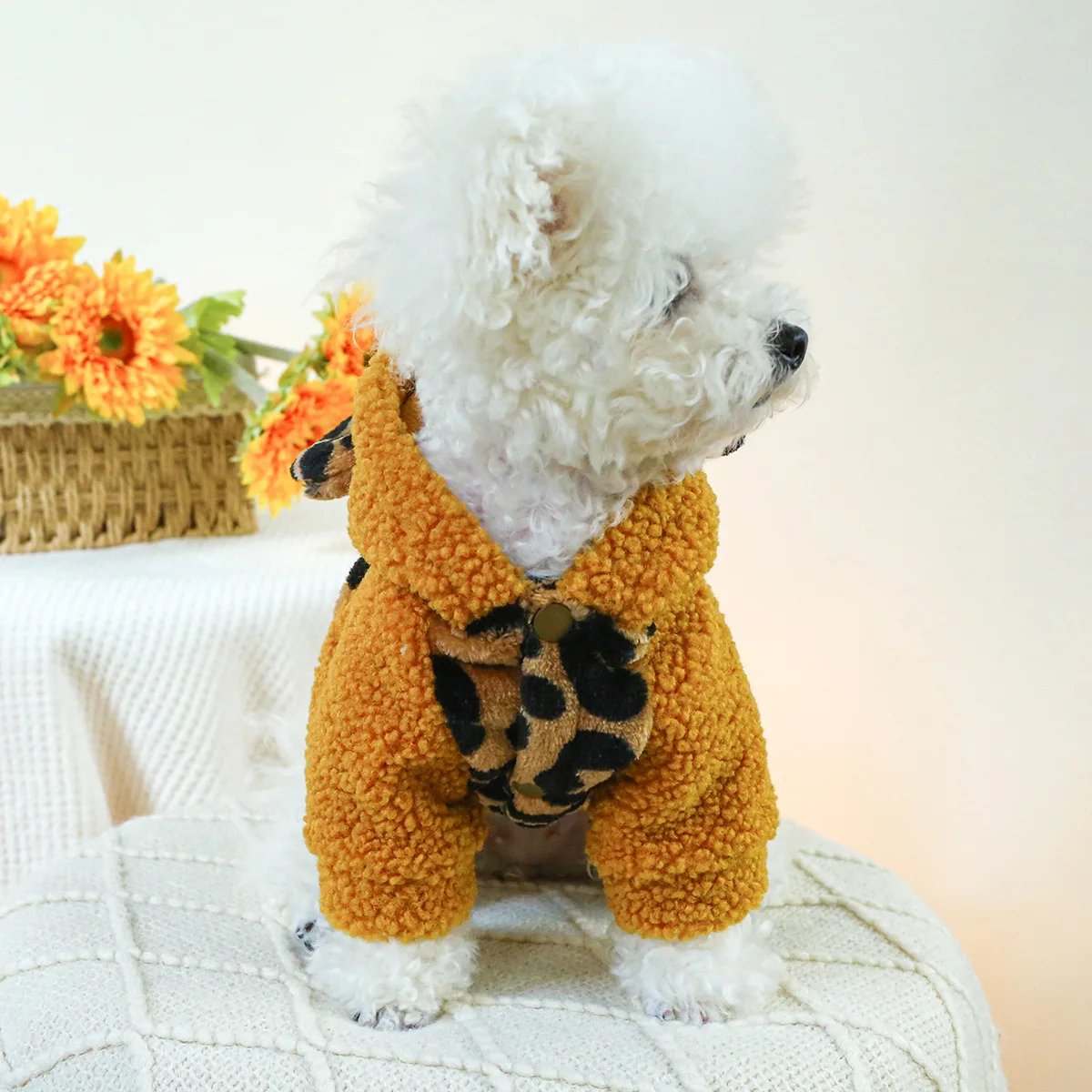 Топли блузи с качулка, за кучета с леопардовым принтом на руното подплата и памучна подплата, запазването на топлина и Комфортно палто с леопардовым принтом, облекло за кутрета - 5