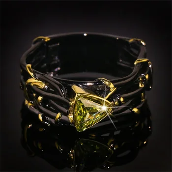 Атрактивни дамски модни пръстени с геометрия на цветовете на черното злато и жълто-зелен камък е за жените, сватбени декорации за годеж