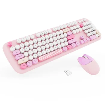 Безжична комбинирана клавиатура и мишка, клавиатура в стил ретро с кръгли капачки за ключове, мишка, без да се отделят 2,4 Ghz