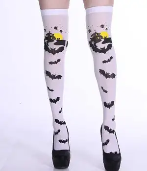 Дамски дълги чорапи до бедрото, чорапогащи над коляното, Празнични чорапи за cosplay, Чорапи за Хелоуин, Тънки Бели копринени момичета с шарени прилеп