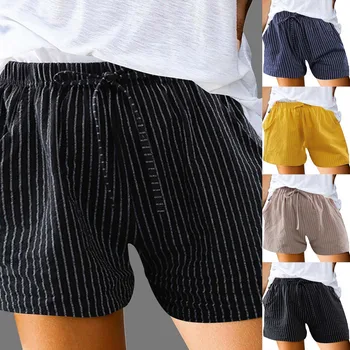 Дамски летни памучни ежедневни панталони на райета с джобове