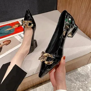 Дамски обувки 2023, Официалната дамски летни обувки с остри пръсти, черни Ежедневни обувки от естествена кожа на нисък ток, Елегантно Предложение безплатна доставка