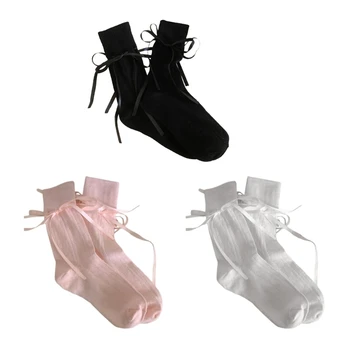 Дамски Сладки Издълбани Мрежести чорапи до глезена, еластична Превръзка с лък, Средните чорапи-тръба 066C