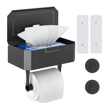 Държач за тоалетна хартия без пробиване, Държач за тоалетна хартия с кутия за мокри кърпички, рафт, кухненски рулоном, държач за баня