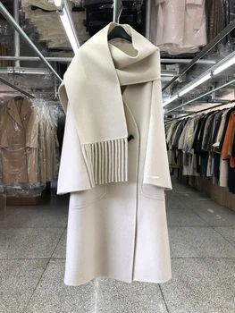Елегантен голям шал яка и роговыми бутони, Вълна палто, дамска Свободна корея модни дълго зимно яке