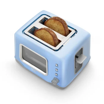 Издига с помощта на арматурното табло, с прозрачен обзорным прозорец тостер за 2 филии синьо - размразяване, загряване за приготвяне на гевреци, автоматично изключване