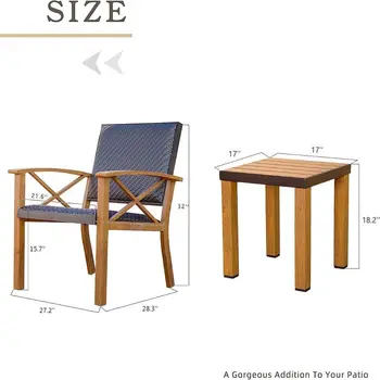 Комплект от 3 теми, Плетени Меки столове за веранди с дървени зърно, алуминиева масичка за кафе, за разговори на открито с бежовата Sunbrella
