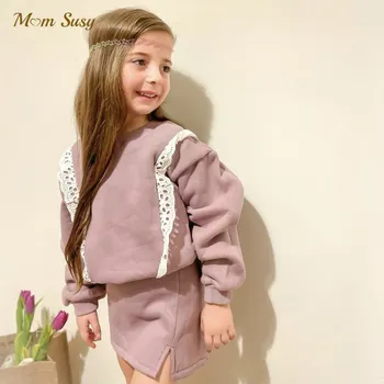 Комплект памучни дрехи за малките момичета, лейси hoody + пола, 2 броя, Топъл, мек вълнен плат вътрешен костюм за деца, Ежедневни детски дрехи от 1 до 7 години
