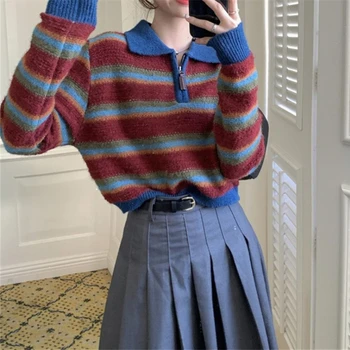 Корейски модни Пуловери в лента в контрастен цвят, къси блузи с дълъг ръкав с цип, Есен-зима, Реколта женски скок 2023