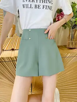 Летните Зелени къси Панталони, Дамски Корейски Модерен Офис Шорти с висока талия, Женски Обикновена Външни джобове, Ежедневни широки Къси панталони