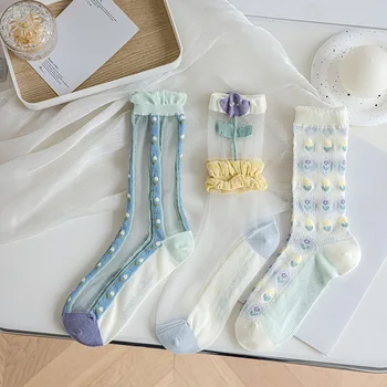Модни летни дамски чорапи, тънки Копринени чорапи от прозрачно стъкло с цветен Модел, Японски Копринени чорапи Kawaii със собствени кружевными къдри и кристали