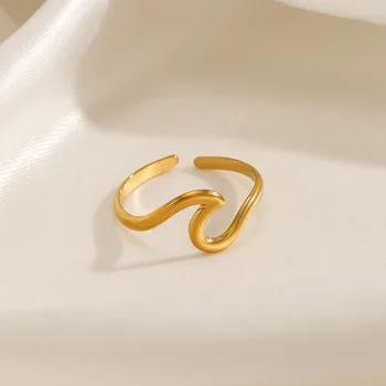 Модно регулируем пръстен, с проста вълна от неръждаема стомана 316L за жени, златист цвят, сватбени бижута за жени, подарък партия