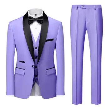 Мъжки костюми, комплект от 3 теми, Оборудвана Всекидневни Бизнес Светло лилав Шал с Ревери, Бели Смокинги за Младоженците на Сватбата (Сако + Панталон + Елек)