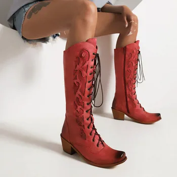 Нови каубойски дамски ботуши до коляното в западен стил дантела с бродерия, Престрелки ботуши на платформа, Дамски обувки в стил кънтри
