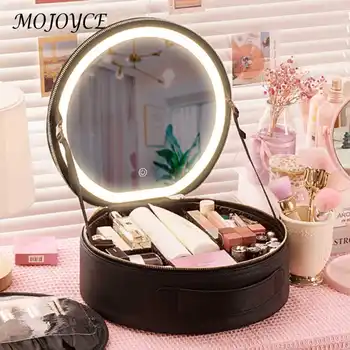 Преносима кръгла косметичка с огледало с led осветление, женски козметични чанти, Водоустойчива кутия за съхранение на грим от изкуствена кожа с Голям капацитет