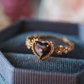 Пръстен с черен скъпоценния камък във формата на сърце от сребро S925 проба сребро 925 проба, покрити със злато 14 карата, Винтажное пръстен със скъпоценния камък