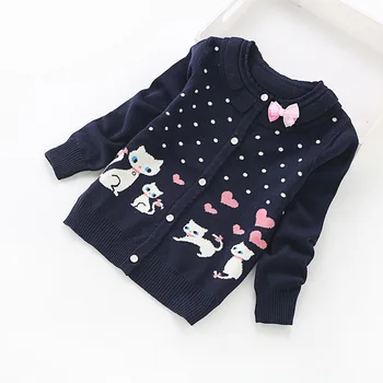 Пуловери за момичета от 4 до 14 години, Пролет-есен, Розово и Сиво, тъмно синьо вязаный жилетка с анимационни котка за момичета, Детски Връхни облекла за момичета