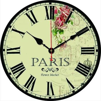 Реколта стенни часовници с Парижки Цвете, Кръгли Безшумни часовници, Стенен авто арт декор За Дома, Спалня, всекидневна, офис