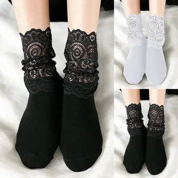 Секси Дантелени Мрежести чорапи с цветен Модел, Дамски Черни Прозрачни Къси Памучни чорапи за дамите, Разтеглив сладки чорапи в стил ретро, chaussettes femmes