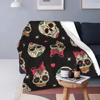 Фланелен Одеяла със Захарен Череп в Мексикански Стил, Забавни Одеяла за Дома, Покривки 125*100 см
