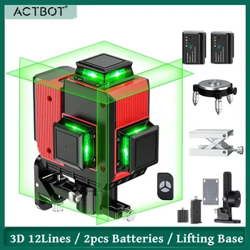 3D 12 линии на ниво Лазер Самовыравнивающийся 3x360° Зелен Лазер ниво 2 бр. дисплей батерии импулсен режим Монтиране на стена хоризонтално ниво лазер