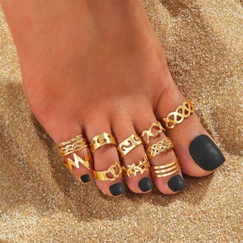 DAXI, 10 бр., Регулируеми пръстени за краката За жени и момичета, лесен плажен комплект пръстени с отворени пръсти, сладко Лятно пръстен със звезда във формата на сърце, бижута за крака