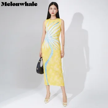 MelonWhale, Нови плисирани рокли за жени без ръкави, Свободни цветен блок с принтом 2023, Лятна Ежедневни дамски дрехи елегантна