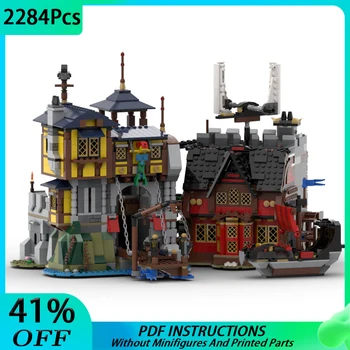 MOC Средновековен замък Порт и пират механа Модел на Крепостта Строителни блокове САМ Архитектура Монтаж на Тухли, Детски играчки, подаръци
