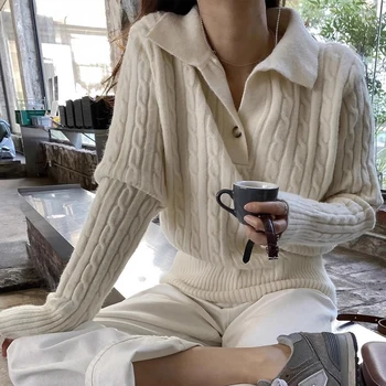 VOLALO Поло яка свободен пуловер връхни дрехи на жените есента и зимата на канабис с ревера за отслабване вязаный топ