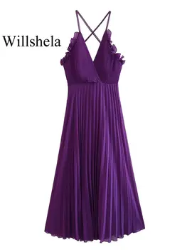 Willshela Дамско модно лилава плиссированное рокля миди с волани и отворен гръб, Реколта тънки бретельки с преминаването V-образно деколте дамски шик дамски рокли