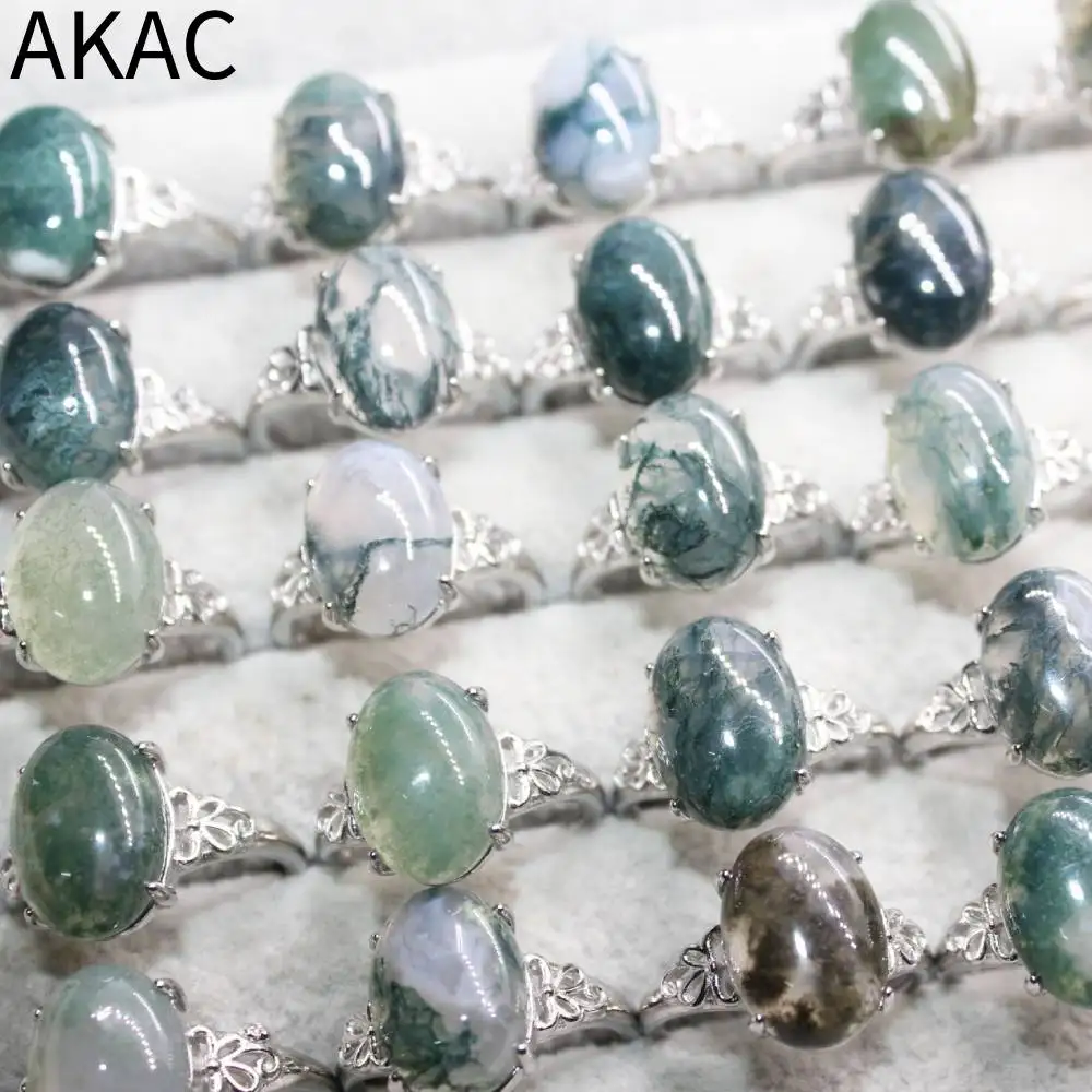 3 пръстените 5 пръстени AKAC approx10*13 мм натурален зелен мъхест ахат регулируема бяло медни пръстена на едро изпращане на случаен принцип - 3