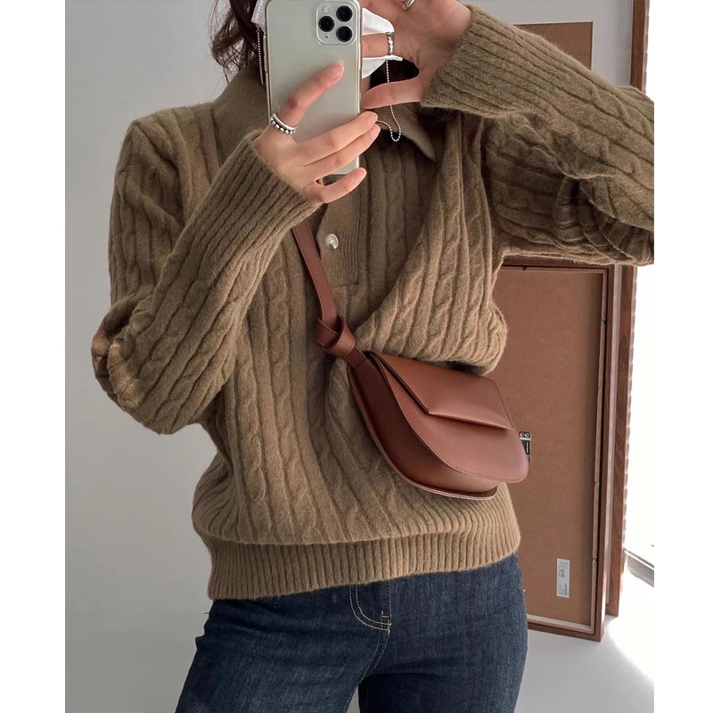 VOLALO Поло яка свободен пуловер връхни дрехи на жените есента и зимата на канабис с ревера за отслабване вязаный топ - 2