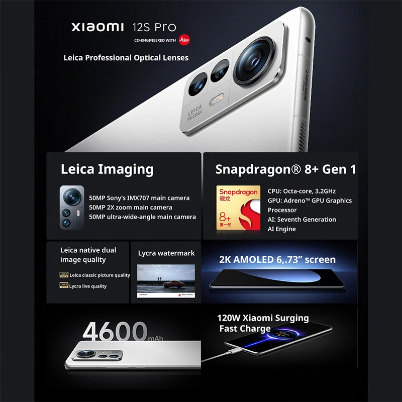 Xiaomi 12S Pro 12 S Pro Global Вградена памет Snapdragon 8 + Gen 1 120 W Бързо Зареждане на 6,73 