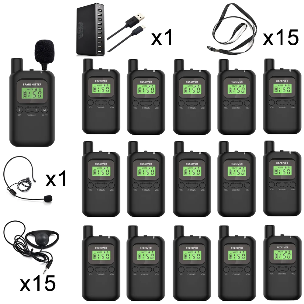 Безжична система Whisper Tour Guide 1 предавател 15 приемници 1 зарядно устройство за превод обиколка на DHL, UPS, Fedex за Доставка - 0