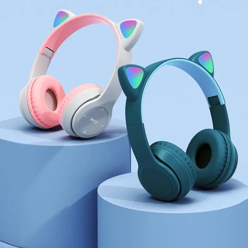 Безжични слушалки за игри на слушалки с кошачьими уши, светещи каски, сладки спортни, музикални слушалки за деца, подаръци за момичета - 2