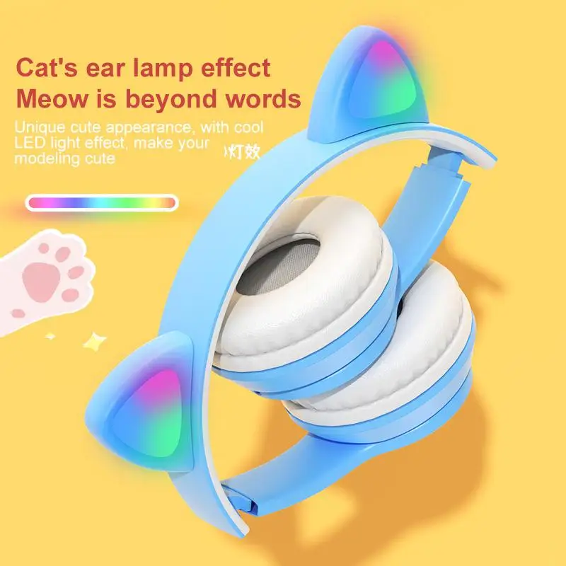 Безжични слушалки за игри на слушалки с кошачьими уши, светещи каски, сладки спортни, музикални слушалки за деца, подаръци за момичета - 3