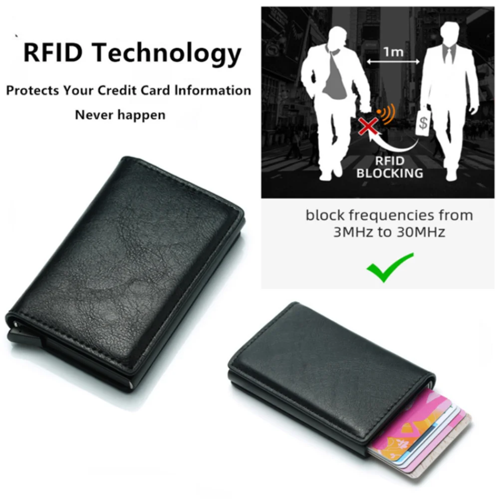 Държач за кредитни карти, Мъжки портфейл, защитени от RFID заключване, Алуминиева кутия, Портмоне от изкуствена кожа с клип за пари, Дизайнерски държач за карти - 1