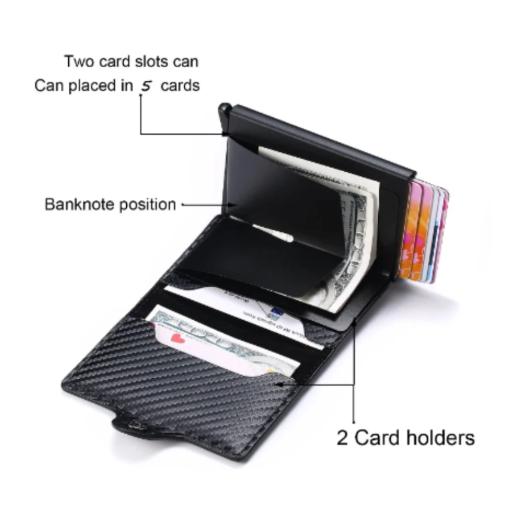 Държач за кредитни карти, Мъжки портфейл, защитени от RFID заключване, Алуминиева кутия, Портмоне от изкуствена кожа с клип за пари, Дизайнерски държач за карти - 2