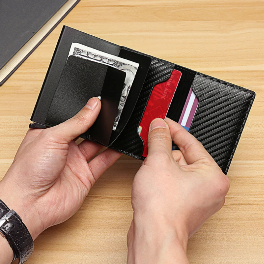 Държач за кредитни карти, Мъжки портфейл, защитени от RFID заключване, Алуминиева кутия, Портмоне от изкуствена кожа с клип за пари, Дизайнерски държач за карти - 4