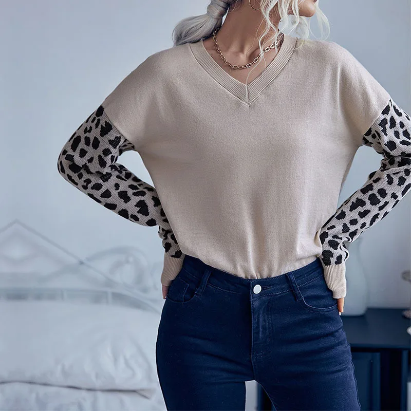 Есента Нов Модерен Женски вязаный тънък пуловер с леопардовым принтом и дълъг ръкав, Женски лоскутный фалшив комплект от две части, мека блузи с V-образно деколте - 0